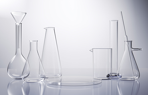 Cosmetic podium display with glass flask and cylinder equipment in medical science lab background, 3d rendering