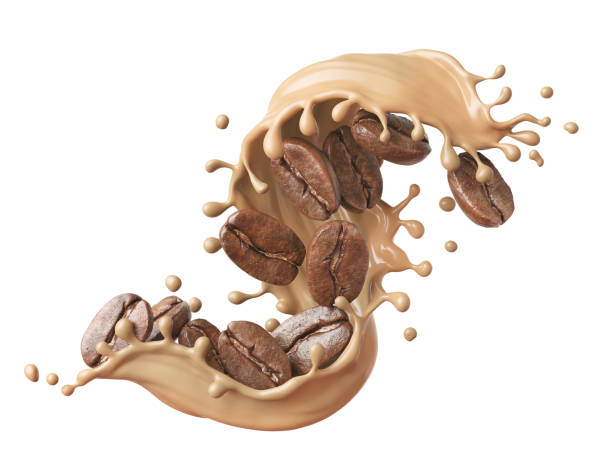 istock Milk coffee splash with Coffee Bean falling, 3d illustration. 1453942604