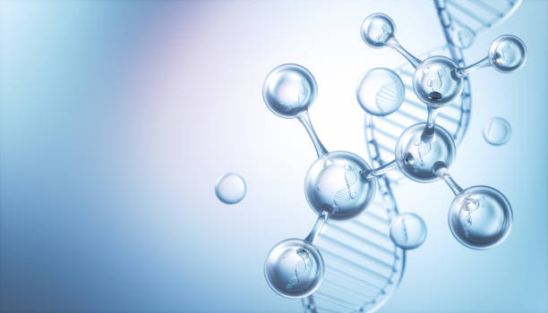 molécula o átomo, estructura abstracta para ciencia o antecedentes médicos, ilustración 3d. - dna chromosome biology medicine fotografías e imágenes de stock