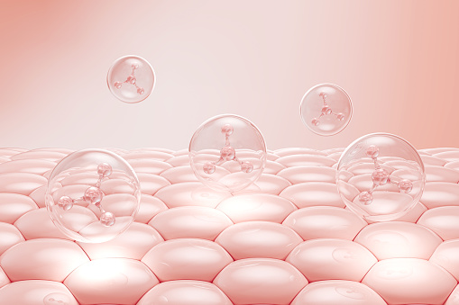 Pink Collagen Skin Serum on Skin Cells, gluta cosmetic Vitamin, skin care cosmetics solution Background. 3d rendering.