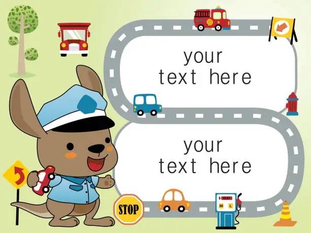 Vector illustration of Cute kangaroo cartoon in traffic cop costume with it toy cars on border template frame