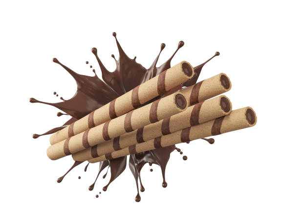 istock chocolate filled in a crispy wafer roll, Chocolate waffle sticks with chocolate splash 3d rendering. 1453943141