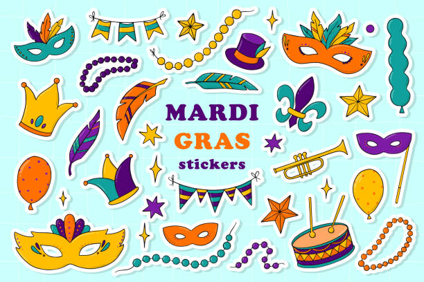 미리 만들어진 스티커의 마디 그라 세트 - mask mardi gras masquerade mask vector stock illustrations