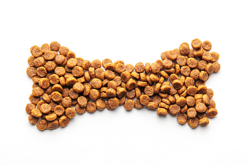 A bone shape consisting of dog food pellets on a white background. Concept of healthy food for dogs