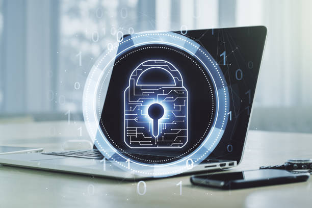 istock Double exposure of creative lock hologram with chip on laptop background. Information security concept 1453943875