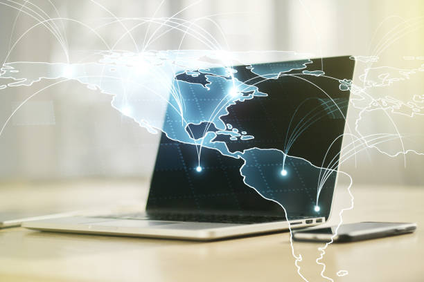 istock Double exposure of abstract digital world map with connections on computer background, big data and blockchain concept 1453943893