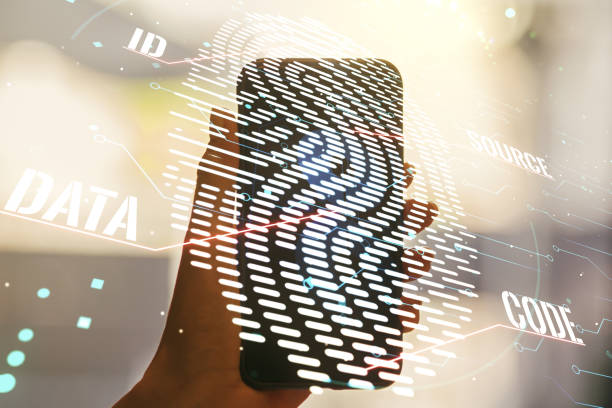 istock Multi exposure of creative fingerprint hologram and hand with cell phone on background, personal biometric data concept 1453943903