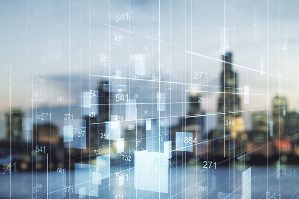 istock Multi exposure of creative statistics data hologram on blurry cityscape background, stats and analytics concept 1453943956