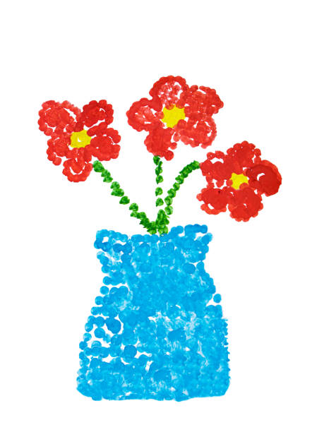 flowers in a vase children's drawing with paint, white background flowers in a vase children's drawing with paint, white background, Child's drawing, Application of children's creativity, Kindergarten and craft school, The child drew a vase and flowers, mosman stock illustrations
