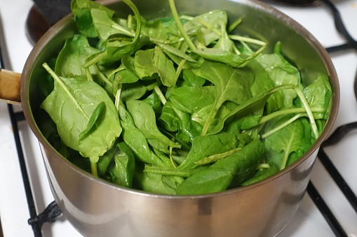 Baby spinach in a saucepan for boiling