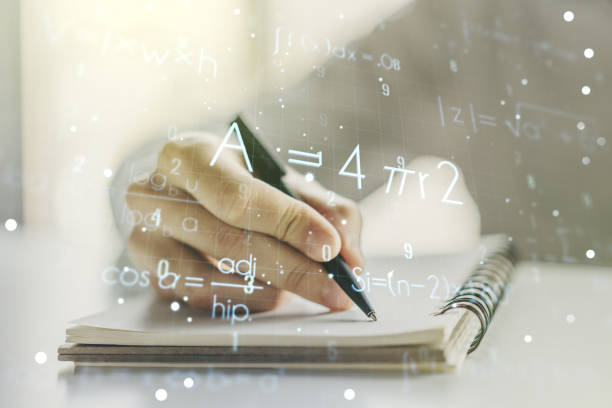 istock Creative scientific formula hologram with man hand writing in notepad on background, research concept. Multiexposure 1453944167