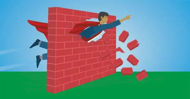 Vector illustration of Superhero, man dont jump, he takes his way through the wall. Vector illustration.