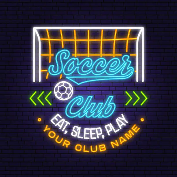 Vector illustration of Soccer, football club Bright Neon Sign. Vector illustration. For football club sign, emblem. Neon emblem label, sticker, patch with football gate silhouettes.