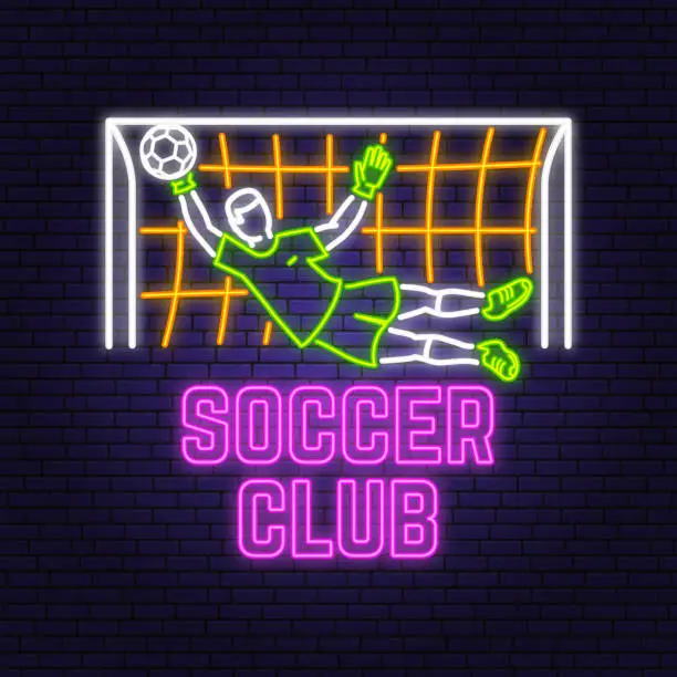 Vector illustration of Soccer, football club Bright Neon Sign. Vector illustration. For football club sign, emblem. Neon emblem label, sticker, patch with football goalkeeper and gate silhouettes.