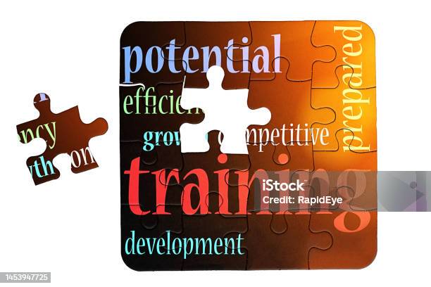 The Puzzle Of Training And Development Word Cloud Printed On A Jigsaw With One Piece Still To Be Placed Stock Photo - Download Image Now
