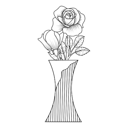 rose flower vase of coloring page element with graphic illustration pencil line art design.
rose flower illustration of coloring book and flowers of blooming roses petals and leaves easy sketch.