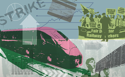 Collage styled urban graphic for Railway Strike concept. Train, locomotive, high speed train, bullet train, transport, Picket,