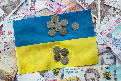 Ukrainian money paper bills wit hcoin  on national flag, top view. finance wealthy