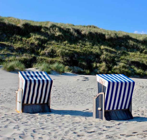 istock Striped beach chairs on the sandy shore in Norderney, Germany on a summer day 1453948432