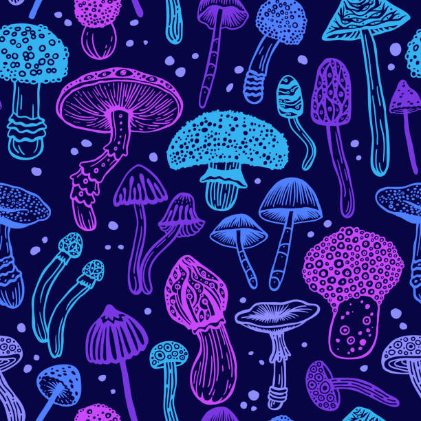Beautiful wallpaper of hallucinogenic mushrooms in cool colors. Stylish amazing fly agaric sticker on a blue background. Beautiful wallpaper of hallucinogenic mushrooms in cool colors. Stylish amazing fly agaric sticker on a blue background. Fantasy seamless vector pattern of psilocybin mushrooms. lsd trip stock illustrations