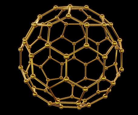 Isolated gold icosahedral nanoparticle 3d rendering in the black background