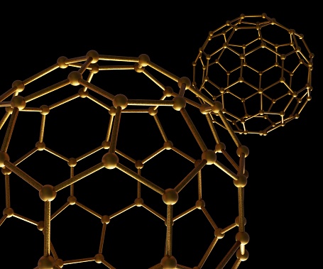 Isolated gold icosahedral nanoparticle 3d rendering in the black background