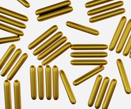 Isolated Rod-shaped gold nanoparticles or gold nanorod 3d rendering