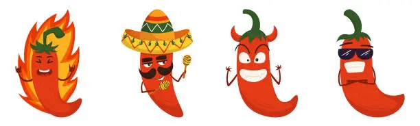 Vector illustration of Red Spicy Chilli Pepper Character Burning In Fire, Playing Maracas, Devil With Horns And Cool Jalapeno In Sunglasses