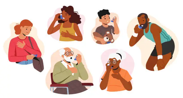 Vector illustration of Set of Male and Female Characters Suffer of Asthma Symptoms, Adults, Seniors and Kids Use Inhaler, Respiratory Disease