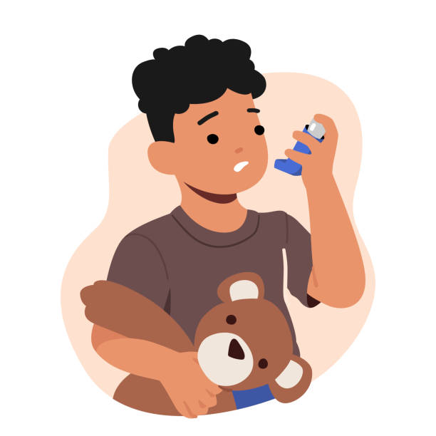 kleiner junge mit asthma atem mit inhalator. kinderfigur, die teddybär hält, leidet an atemwegserkrankungen symptome - asthmatic child asthma inhaler inhaling stock-grafiken, -clipart, -cartoons und -symbole