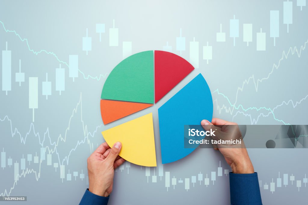 Strategy of diversified investment. Investor managing portfolio. Pie chart and candlestick charts. Investment Stock Photo