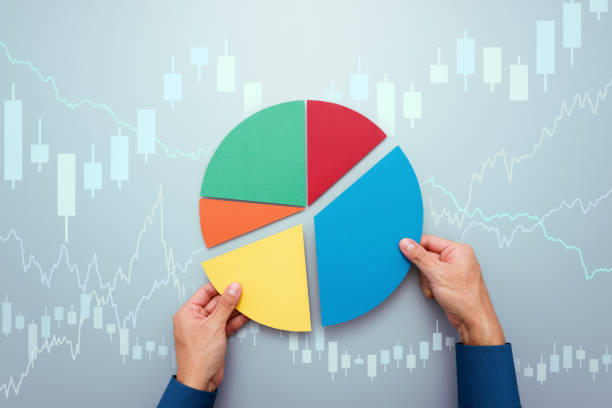Strategy of diversified investment. Investor managing portfolio. Pie chart and candlestick charts. exchange traded fund stock pictures, royalty-free photos & images