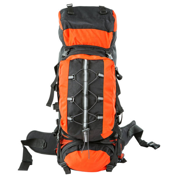 istock Large black tourist backpack with orange inserts, 80 liters capacity, on a white background 1453954440
