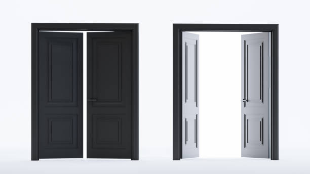 istock 3D render of dark wooden doors isolated on white background 1453954666