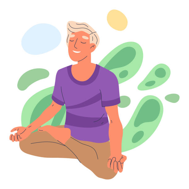 ilustrações de stock, clip art, desenhos animados e ícones de male character meditating in lotus pose. yoga meditation, relaxing mindful male person breath and balance training flat vector illustration on white background - vector solitude spirituality contemporary