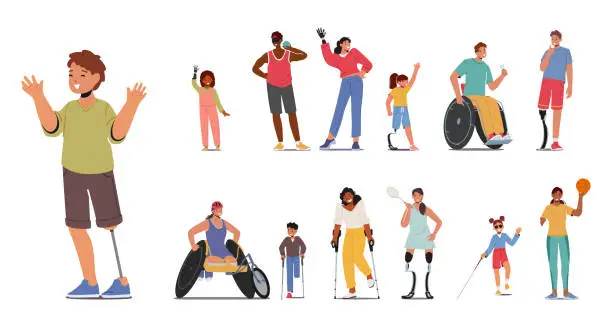 Vector illustration of Set Of Disabled People. Adults And Children Characters With Disabilities. Arm Or Leg Prosthesis, Wheelchair, Crutches