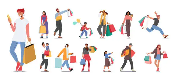 Vector illustration of Set of People doing Shopping, Run for Sale Isolated on White Background. Male Female Characters and Kids with Bags