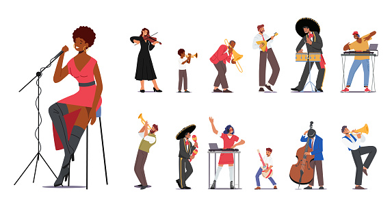 Set of Characters Play Music. Adults and Children with Musical Instruments Violin, Balalaika, Drums and Trumpet, Maracas, Double Bass, Dj , Singer with Microphone. Cartoon People Vector Illustration