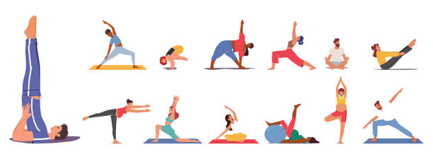 eine gruppe von menschen praktiziert yoga-übungen. männliche und weibliche charaktere, schwangere frauen, junger mann, der asana macht - human pregnancy exercising relaxation exercise sport stock-grafiken, -clipart, -cartoons und -symbole