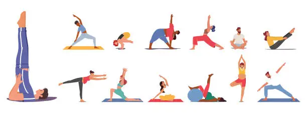 Vector illustration of Set of People Practice Yoga Exercises. Male and Female Characters, Pregnant Women, Young Man Doing Asana