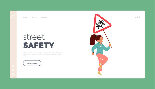 street safety landingpage-vorlage. kleines mädchen hält straßenschild mit laufenden kindern. süßes kind mit vorsicht banner - urban scene small city banner stock-grafiken, -clipart, -cartoons und -symbole