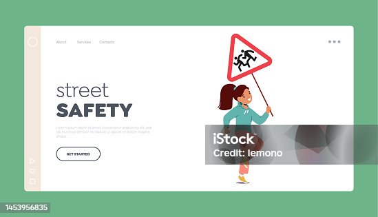 istock Street Safety Landing Page Template. Little Girl Holding Road Sign with Running Kids. Cute Child with Caution Banner 1453956835