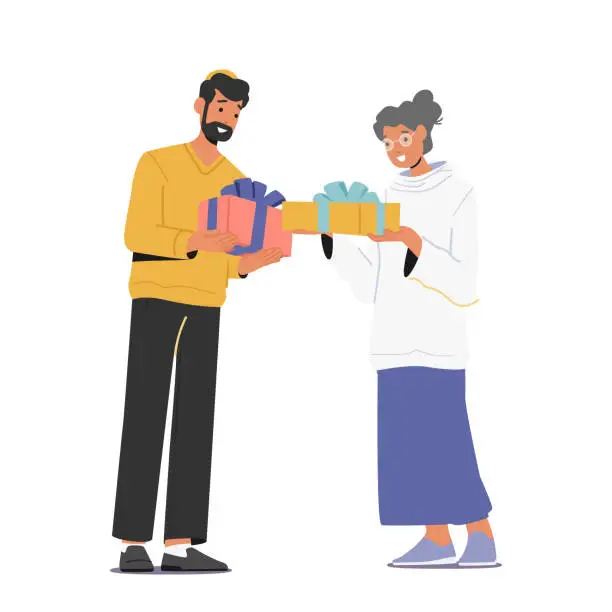 Vector illustration of Male And Female Characters Giving Presents To Each Other For Holidays Celebration. Festive Event With Gifts