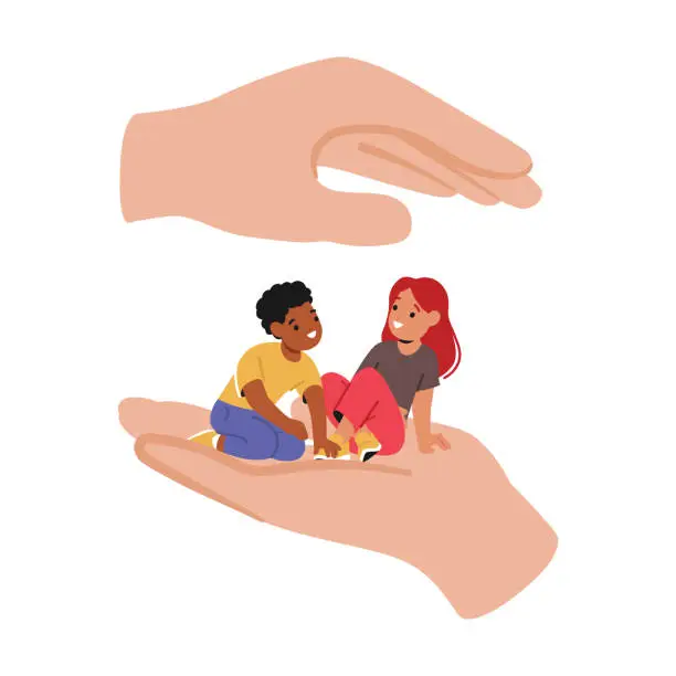 Vector illustration of Helping Hands Care Of Little Children Sitting On Palm. Concept Of Social Help, Charitable Support And Protection Of Kids