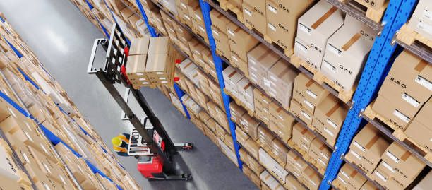 Warehouse Scene with High Shelves and Reach Fork Track. Top View