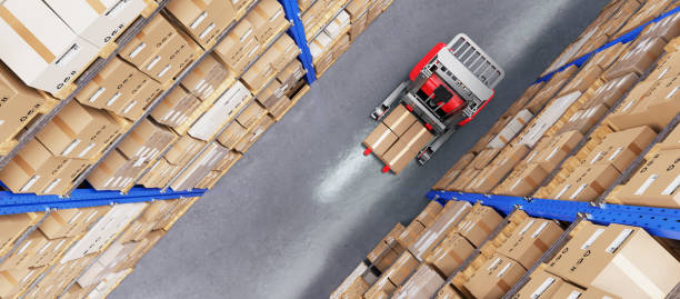 istock Warehouse Scene with High Shelves and Reach Fork Track. Top View 1453957543