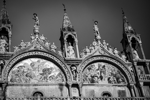 Beauty photo of art, historical monument, Sightseeing in Italy, Venezia, square San Marco, pillars in historical cathedral, black and white photo