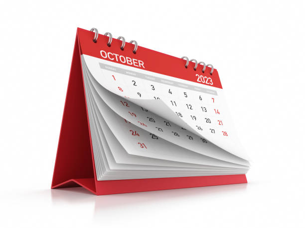 빨간색 2023 10 월 월간 바탕 화면 달력 흰색 배경에 고립 된 스톡 사진 - calendar october countdown event 뉴스 사진 이미지