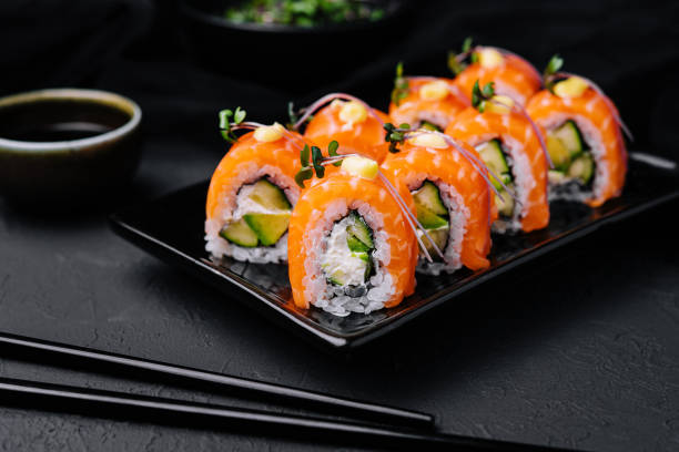 istock Philadelphia Sushi with avocado on black dish 1453960192