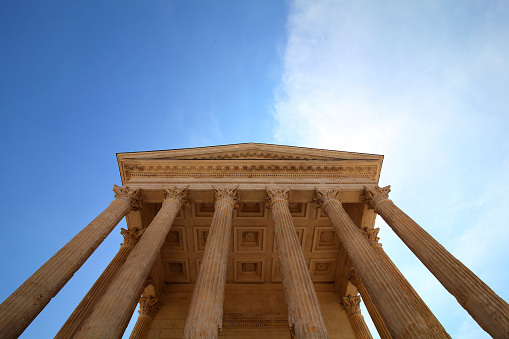 Maison carree is a six columned portico with the facade of a classical temple in Nimes, France